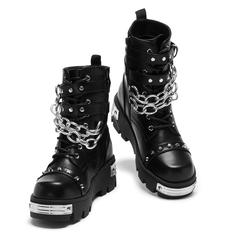 Shackled Shadows Heavy Duty Chain Biker Boots - Chunky Platform boots - Womens - Black - front second view