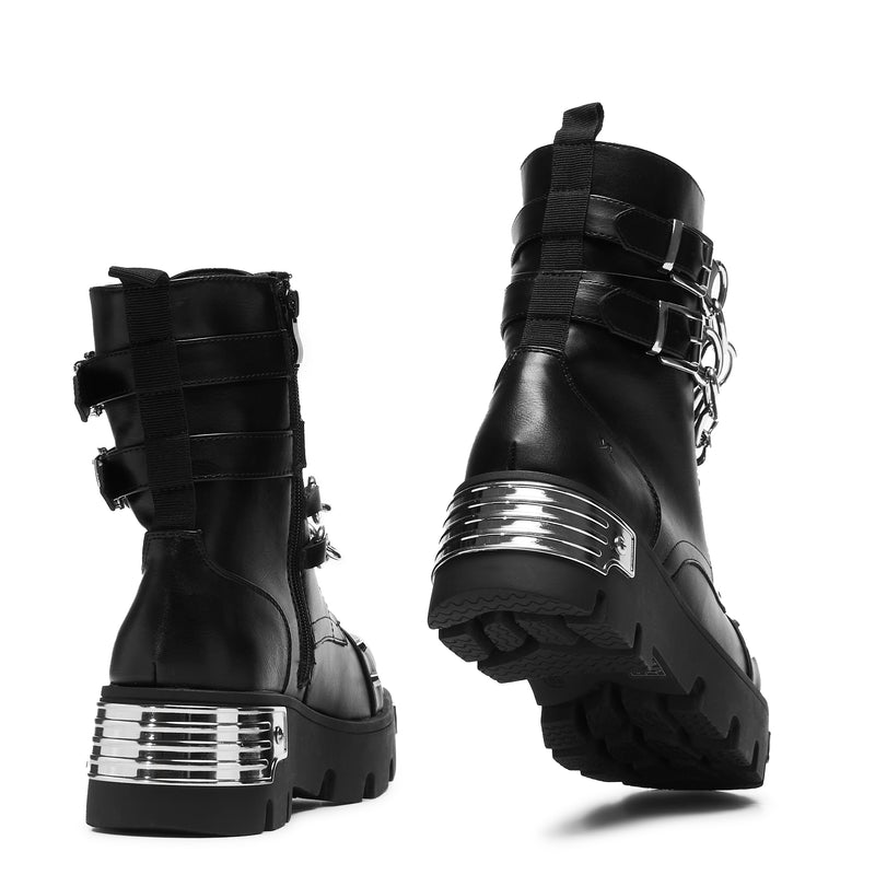 Shackled Shadows Heavy Duty Chain Biker Boots - Chunky Platform boots - Womens - Black - back view