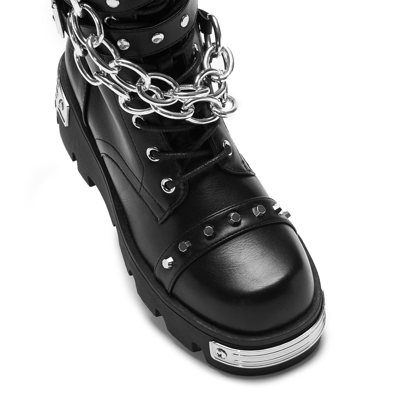 Shackled Shadows Heavy Duty Chain Biker Boots - Chunky Platform boots - Womens - Black - single top view