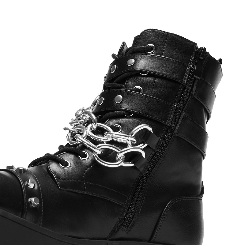 Shackled Shadows Heavy Duty Chain Biker Boots - Chunky Platform boots - Womens - Black - zipper detail