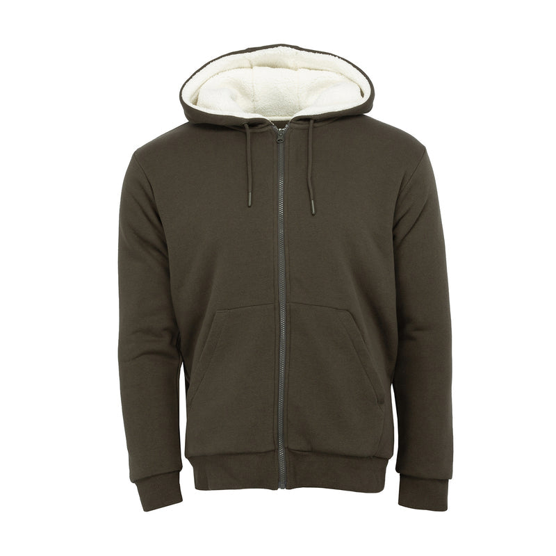 Men's olive sherpa-lined full-zip hoodie with drawstring hood
