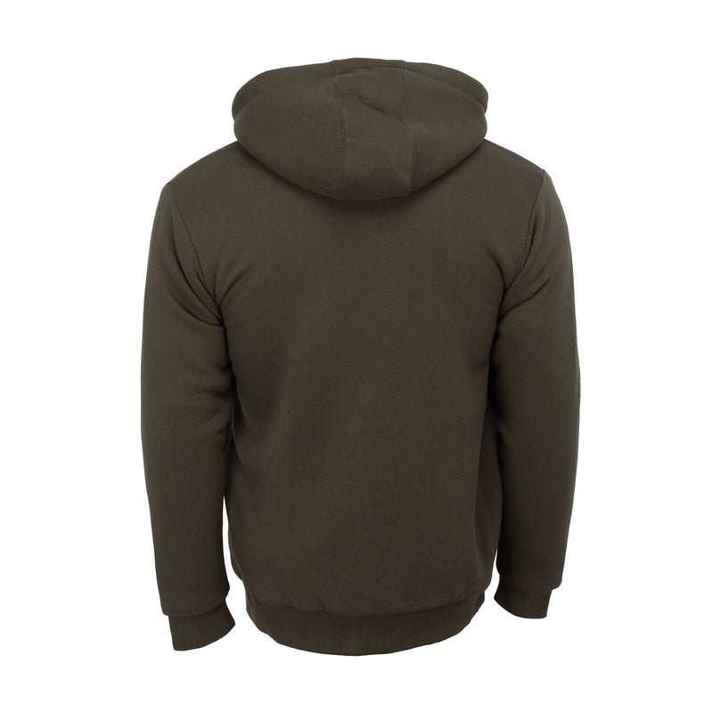 Men's olive sherpa-lined full-zip hoodie, back view with hood