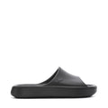 Youth slide sandals, black upper and footbed with cat logo
