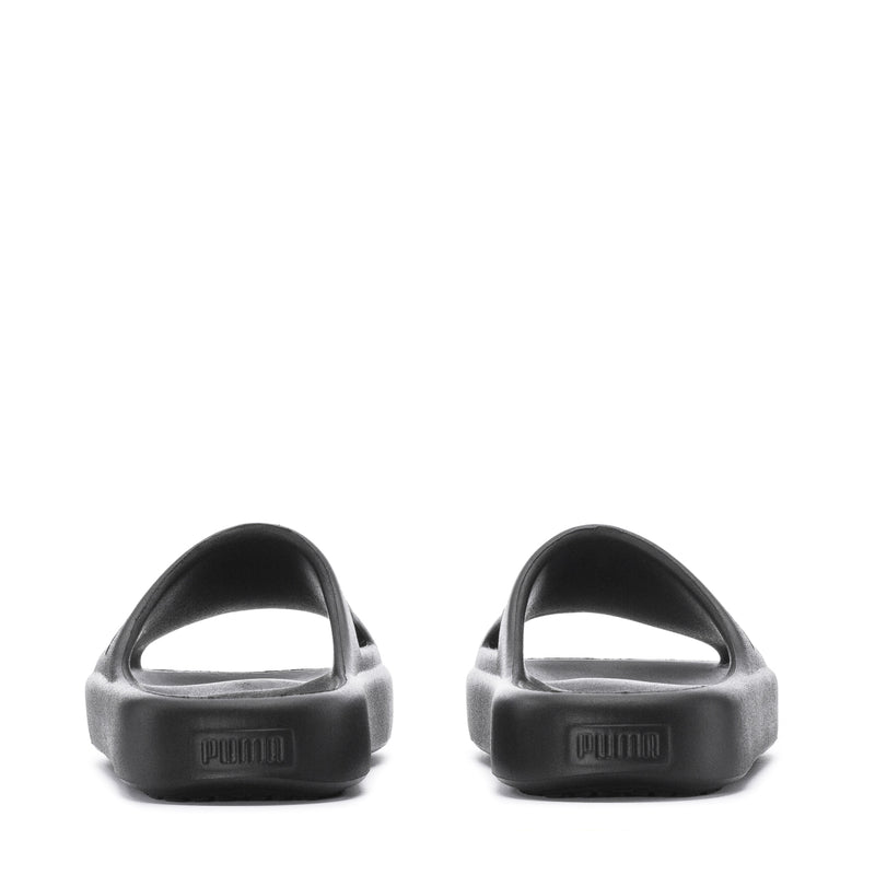 Youth slide sandals, back view with molded heel and embossed patch, black