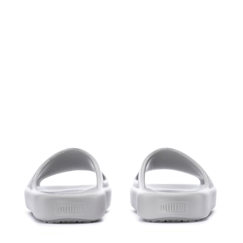 Youth slide sandals in light gray, heel view with cushioned footbeds.