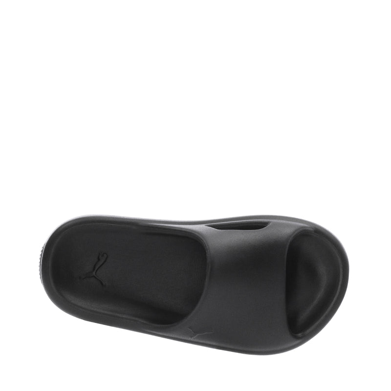 Youth slide sandal footbed view, black with cat logo
