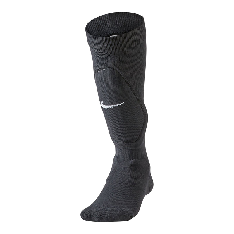 Black shin guard sock with cushioned shin pad and white logo