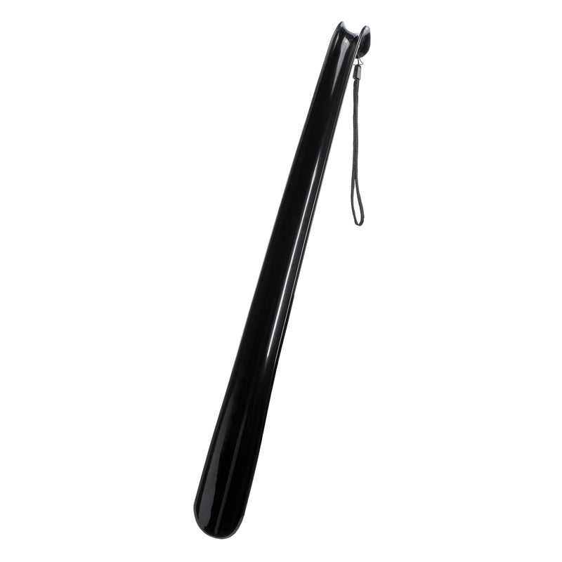 Black shoe horn with curved tip and hanging loop strap