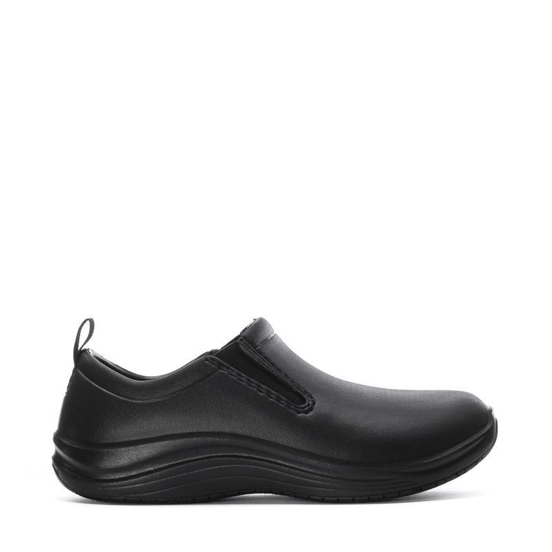 Black men's slip-on shoes with smooth upper and stitched side seam