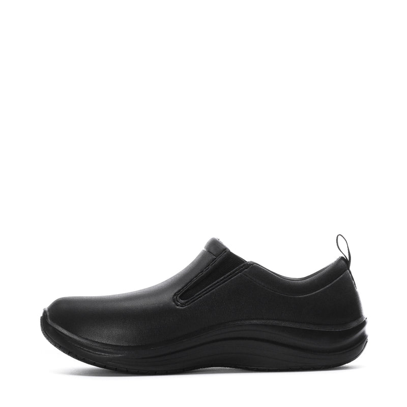 Black men's slip-on shoes with low profile sole and molded toe