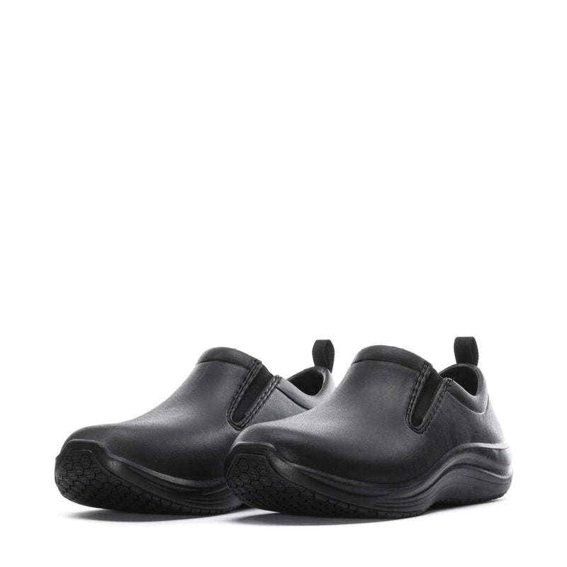 Black men's slip-on shoes with padded collar and side elastic strap