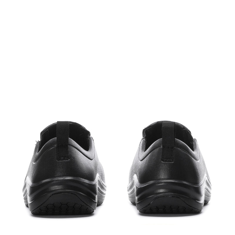 Black men's slip-on shoes rear view with heel pull tab