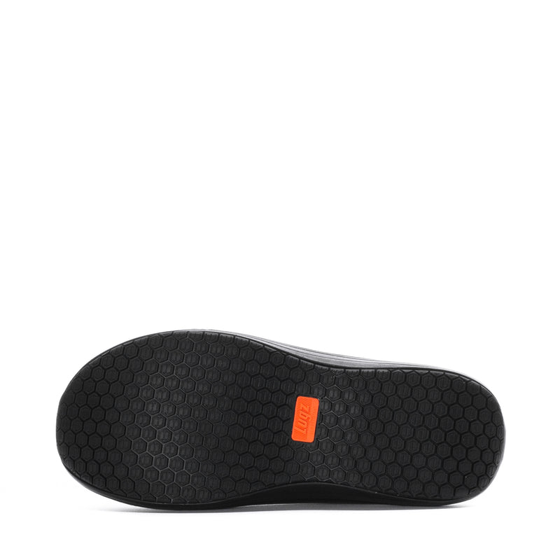 Black rubber outsole with hex tread pattern and orange logo tag
