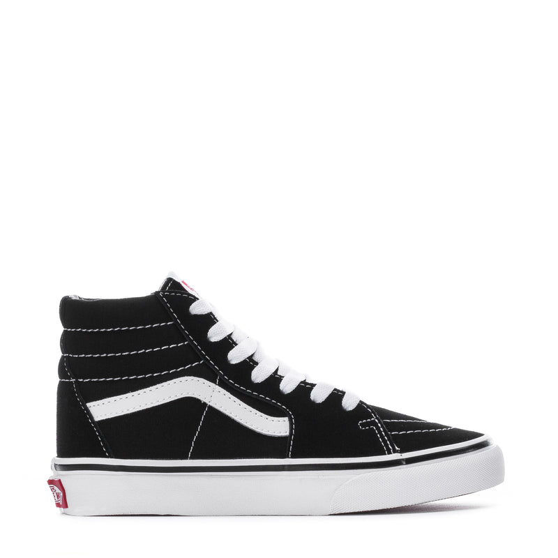 Kids' black high-top skate sneakers with white stripe and white laces