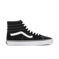 Men's black high-top sneakers with white stripe, white laces, and white rubber sole