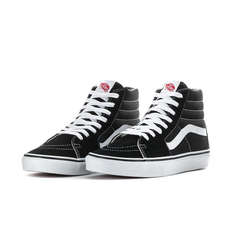 Men's black high-top sneakers, two pairs view, with white stripe and white laces