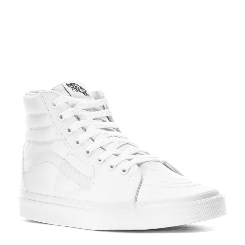 Vans Sk8-Hi men's white high-top sneakers, angled view with logo tongue patch