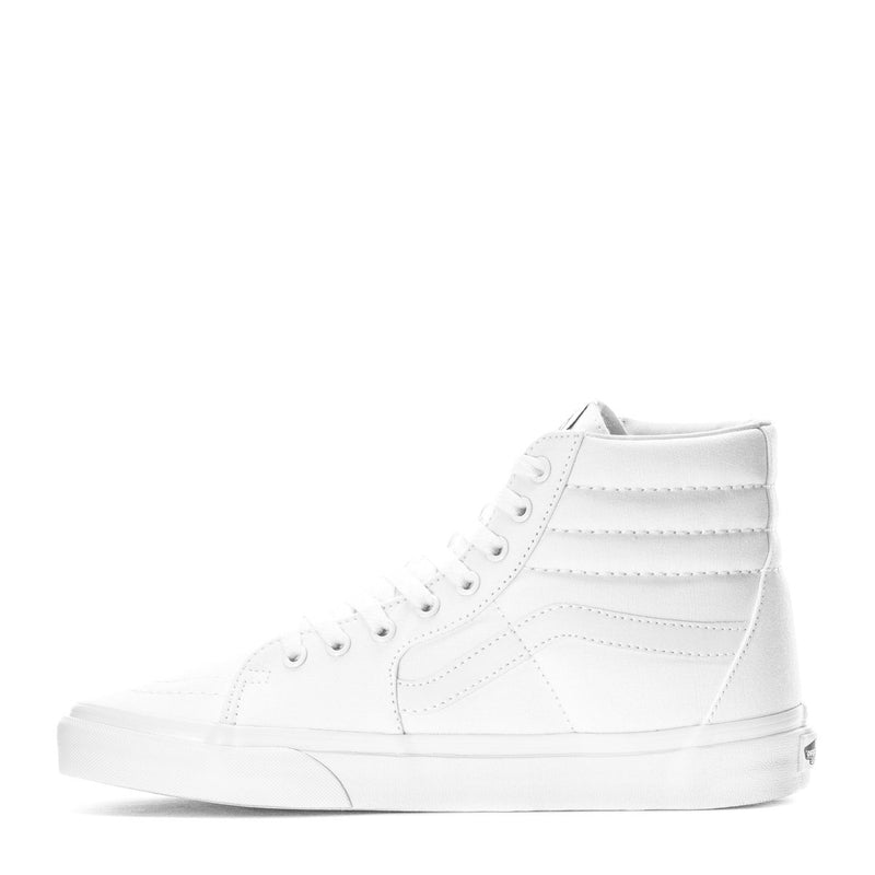 Vans Sk8-Hi men's white high-top sneakers, side profile with stitched overlays