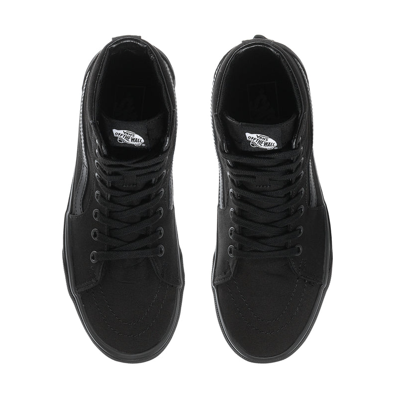 Men's black high-top sneakers, top view with cushioned lining