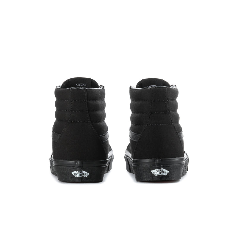 Men's black high-top sneakers, heel view with Vans logo patch