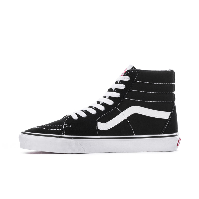 Men's black high-top sneakers side view with white stripe, white laces, and white sole