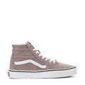 Women's taupe high-top skate shoes with white Sidestripe and lace-up front