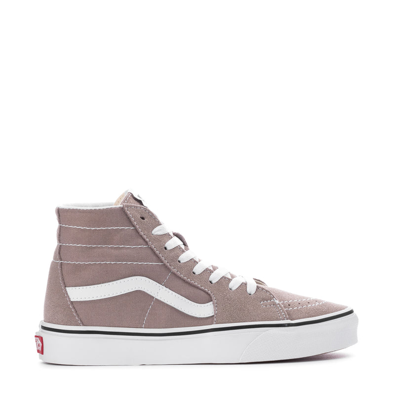 Women's taupe high-top skate shoes with white Sidestripe and lace-up front