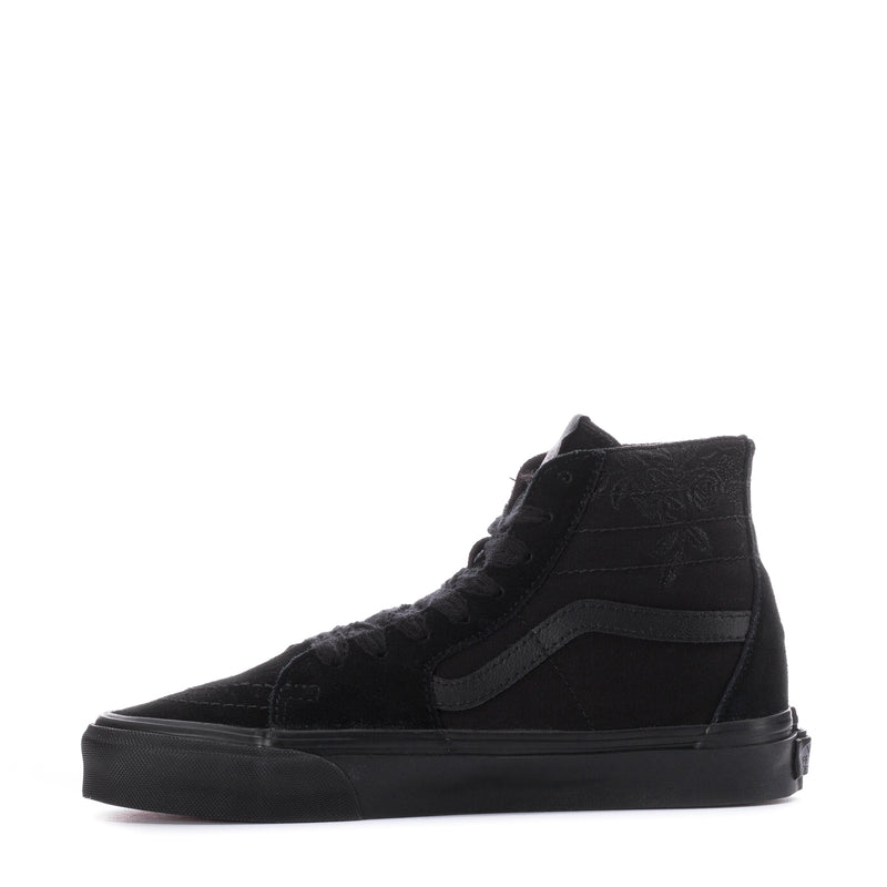 Black women's high-top sneakers, lace-up with curved side panel and rubber sole