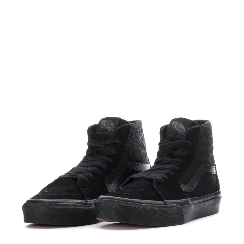Pair of black women's high-top sneakers with lace-up closure and rubber sole