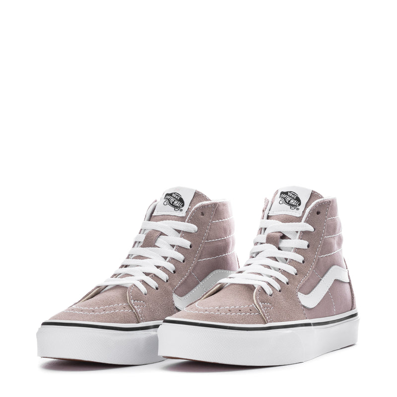 Pair of women's taupe high-top skate shoes with white laces and Sidestripe
