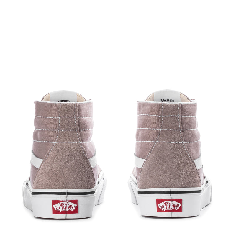 Women's taupe Vans high-top skate shoes, rear view with white laces and heel branding