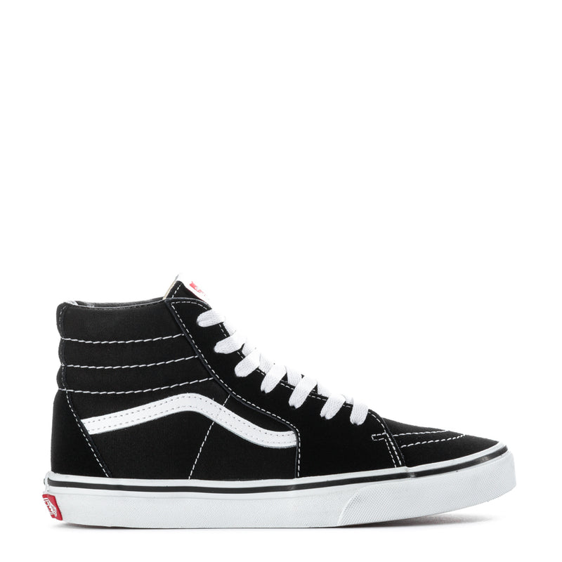Youth black high-top sneakers with white laces, white side stripe, and rubber sole