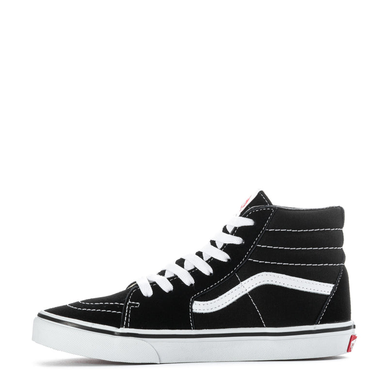 Youth black high-top sneakers, white laces and side stripe, low-profile rubber sole