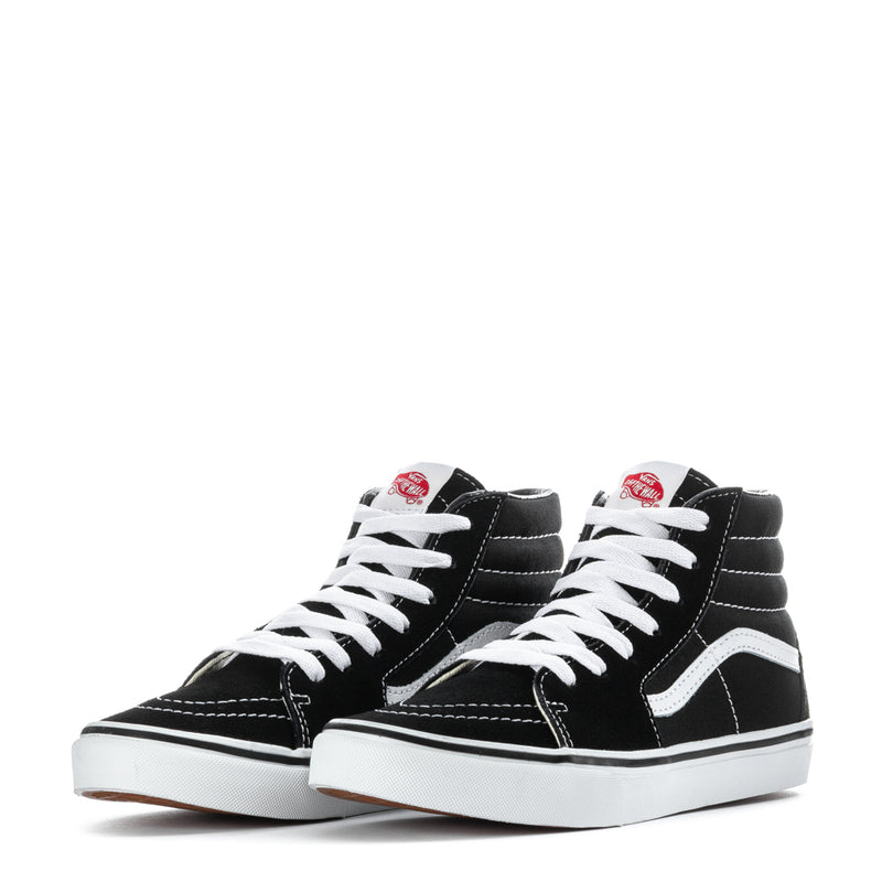 Youth black high-top sneakers pair with white laces and white side stripe, front view