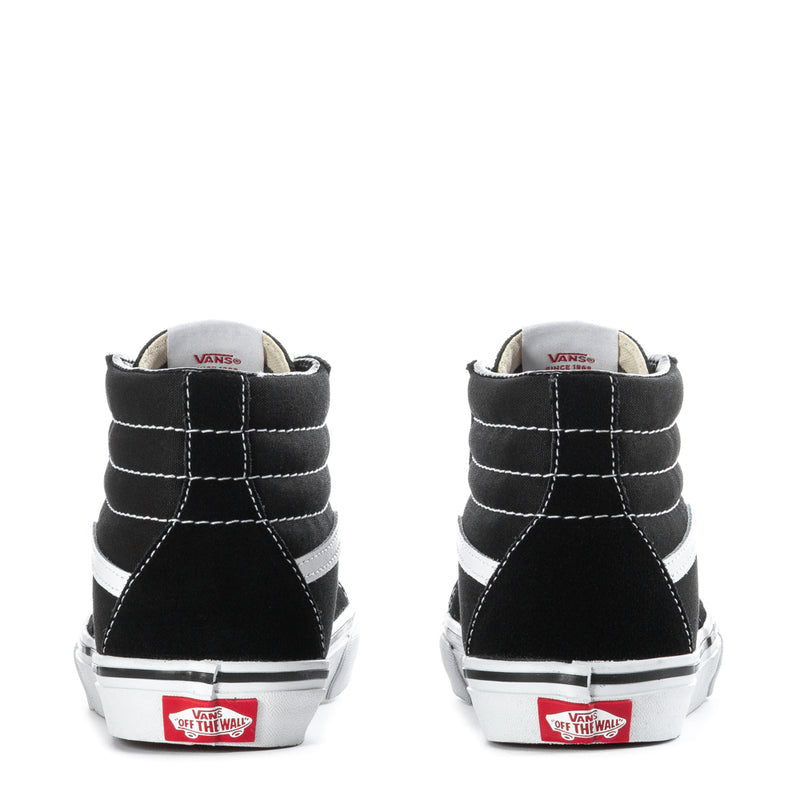 Youth black high-top sneakers heel view with white stitching, white midsole, red logo tag