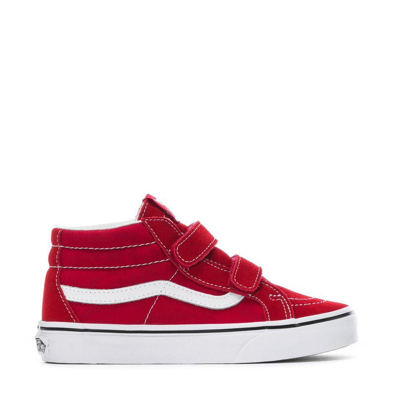 Kids' high-top sneakers in red with white side stripe and hook-and-loop strap