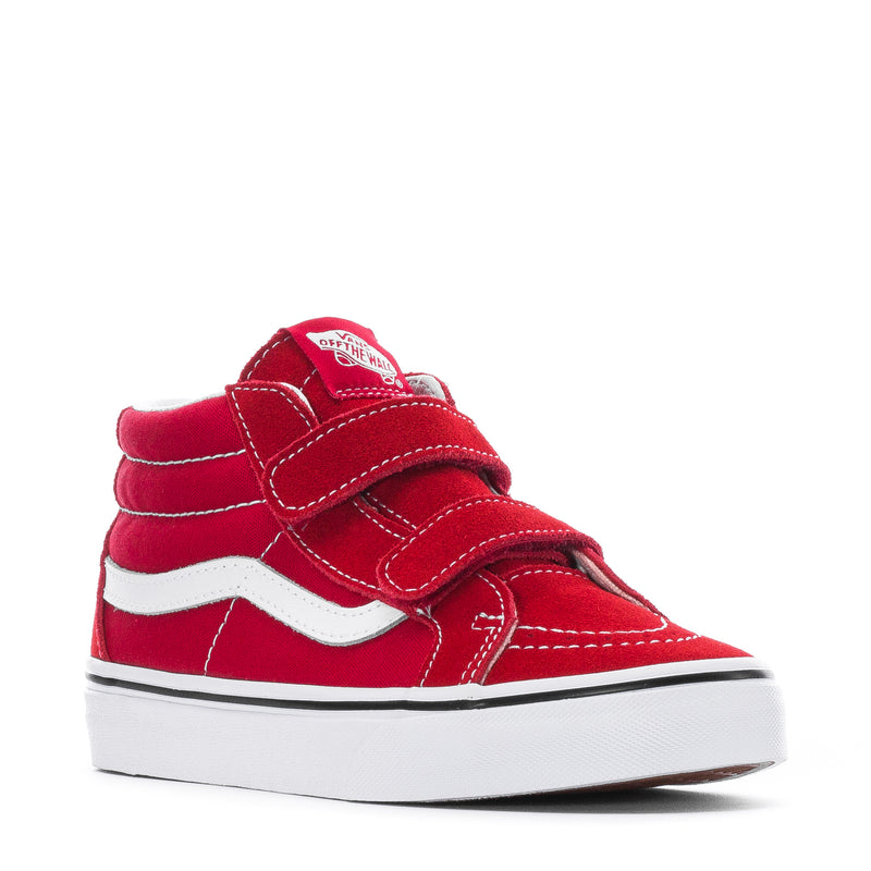 Kids' high-top sneakers in red with white stripe detail and stitched hook-and-loop strap