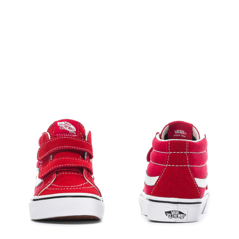 Kids' high-top sneakers, rear view, red uppers with white midsoles and heel loop