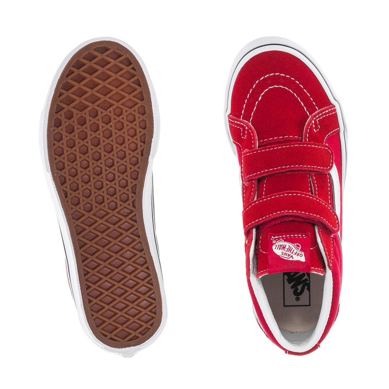 Kids' high-top sneakers with brown gum outsole and red uppers with white stitching