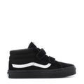 Kids' black mid-top skate shoes with double hook-and-loop straps and white side stripe