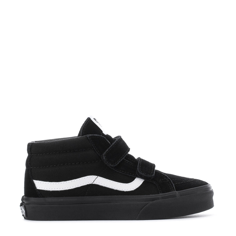 Kids' black mid-top skate shoes with double hook-and-loop straps and white side stripe