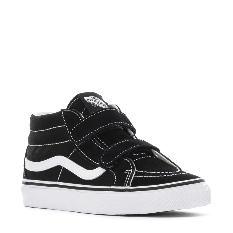 Kids' black mid-top sneakers with white wave stripe and two hook-and-loop straps