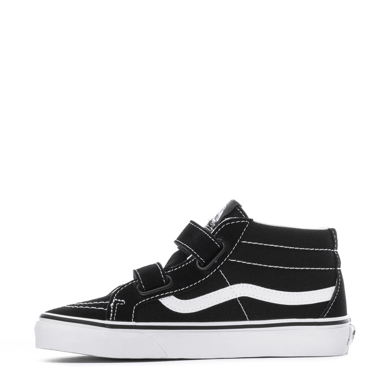 Kids' black mid-top sneakers with white wave stripe, padded collar, hook-and-loop strap