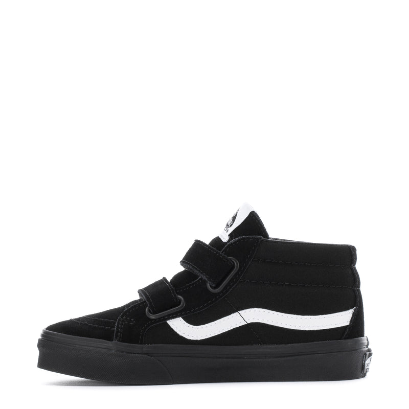 Kids' black mid-top skate shoe with white side stripe and hook-and-loop closure