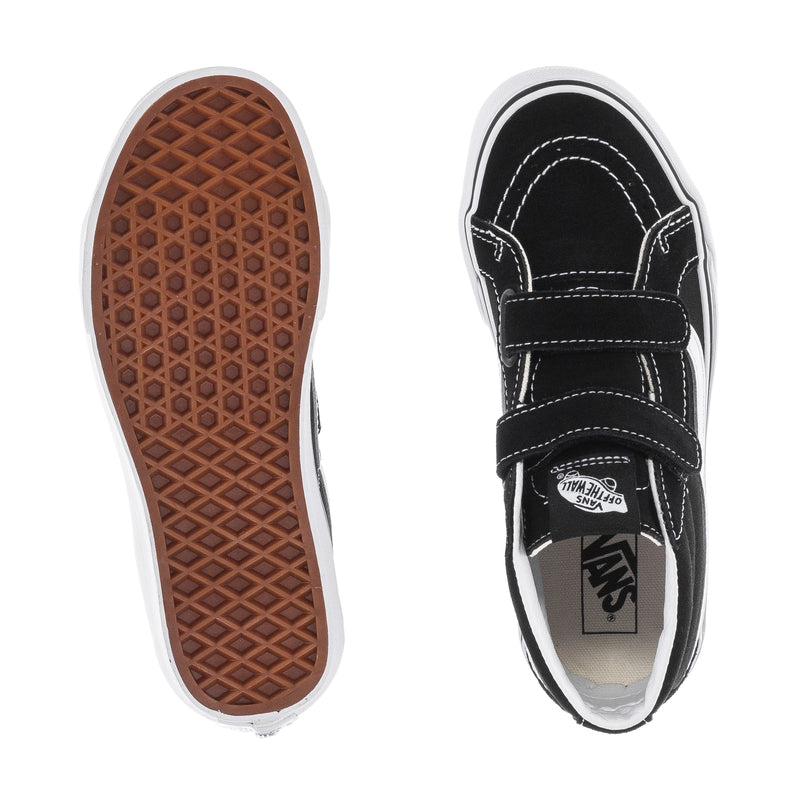 Kids' black mid-top sneakers, outsole tread and inner lining tag visible