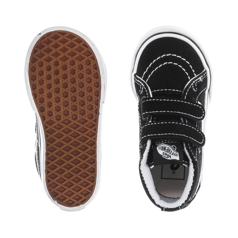 Vans toddler sneakers: black uppers with white stitching, shown with outsole bottom view