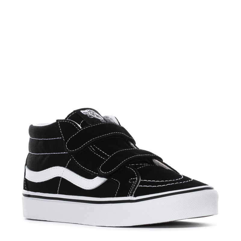 Youth Sk8-Mid Reissue V sneaker, black upper with white side stripe and double hook straps