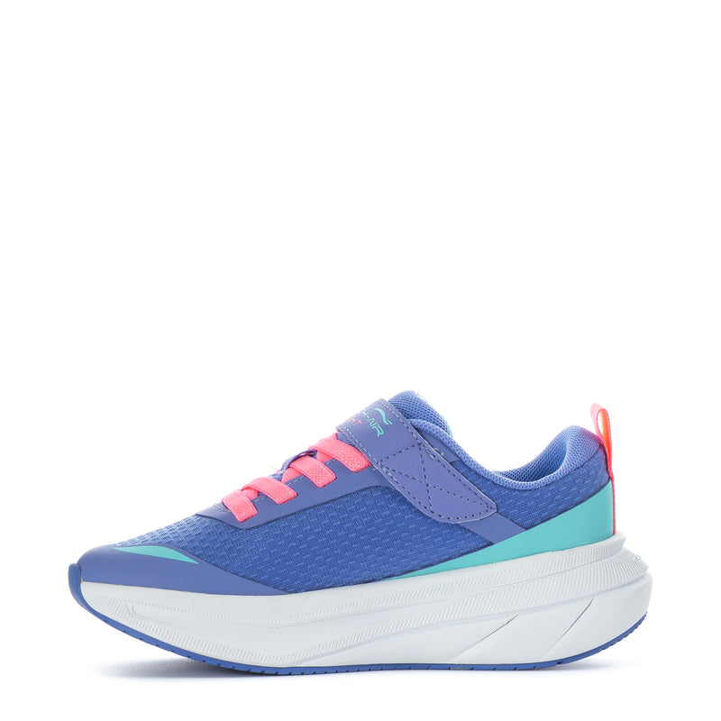 Kids' blue Skech Air Flight sneakers with pink laces, teal side accents, white sole