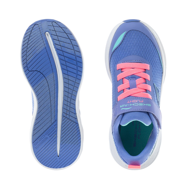 Kids' Skech Air Flight shoe outsole view, blue tread and white side with pink laces