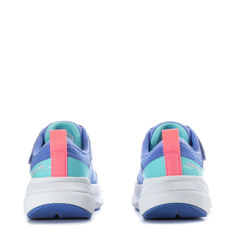Kids' Skech Air Flight rear view, blue shoes with teal heel and pink pull tab